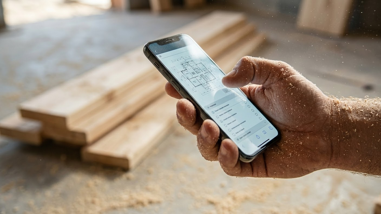 Close em mão com serragem segurando celular com projeto digital.