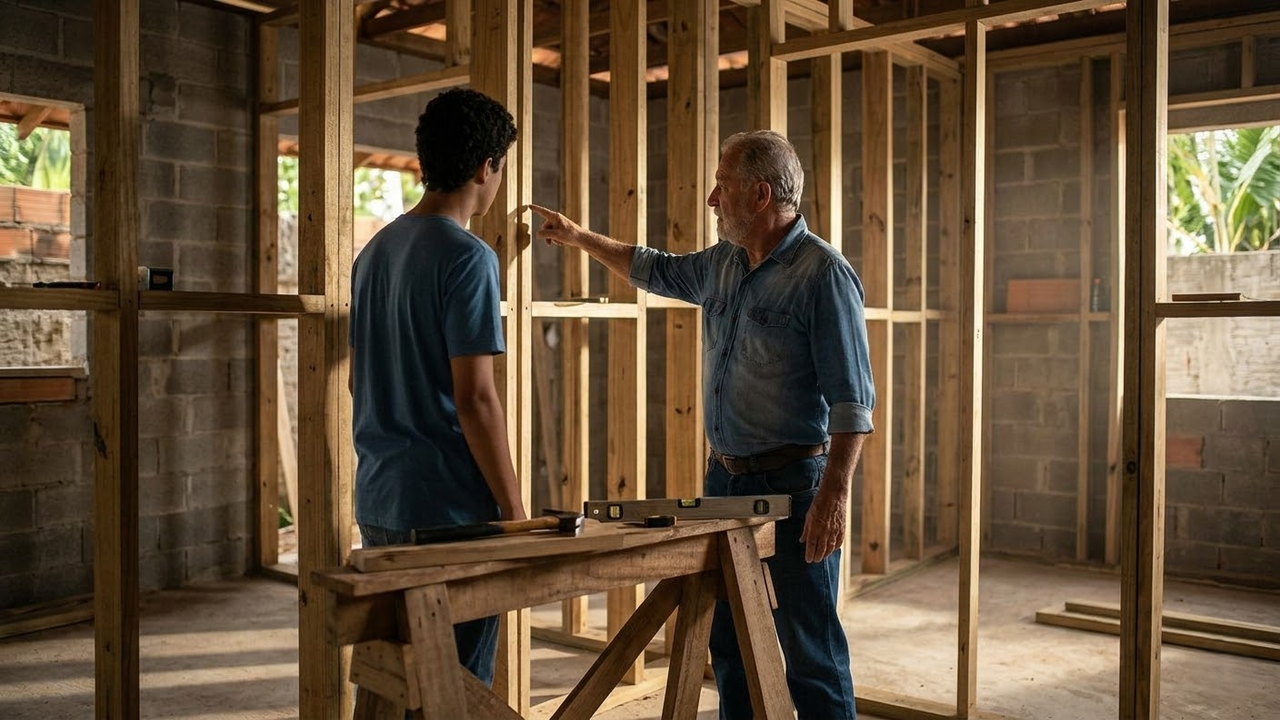 Pai ajuda o filho na parte técnica da estrutura de madeira.
