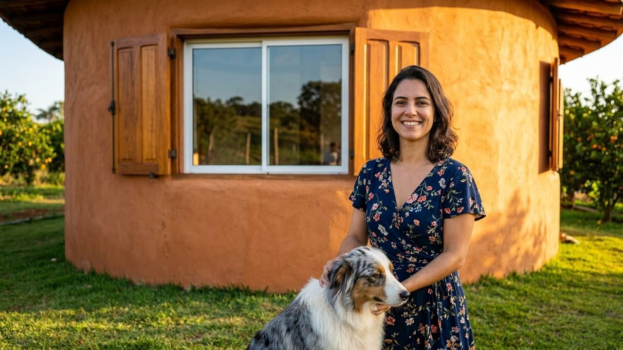 Arquiteta sorrindo com seu cachorro em frente à sua bela casa rústica de paredes curvas de barro sob a luz do pôr do sol.