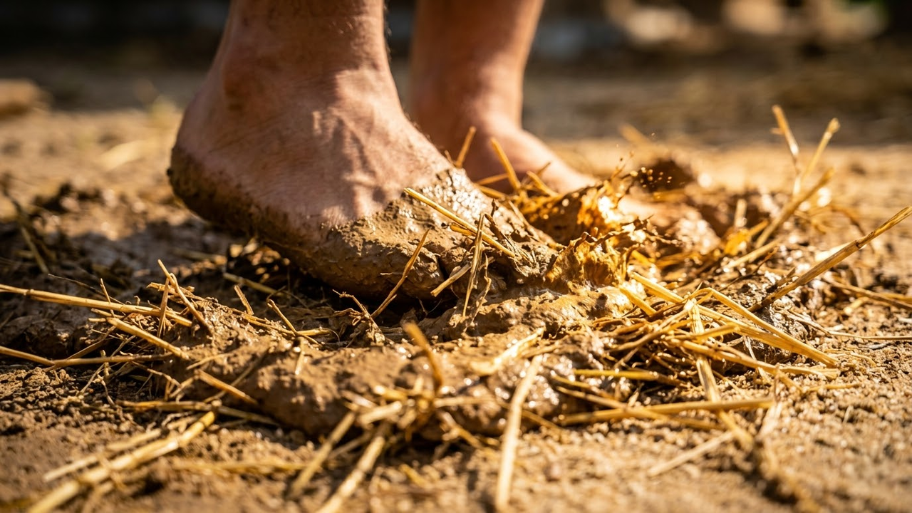 Pés descalços pisando e amassando intensamente uma mistura de barro úmido e palha dourada no solo rústico.