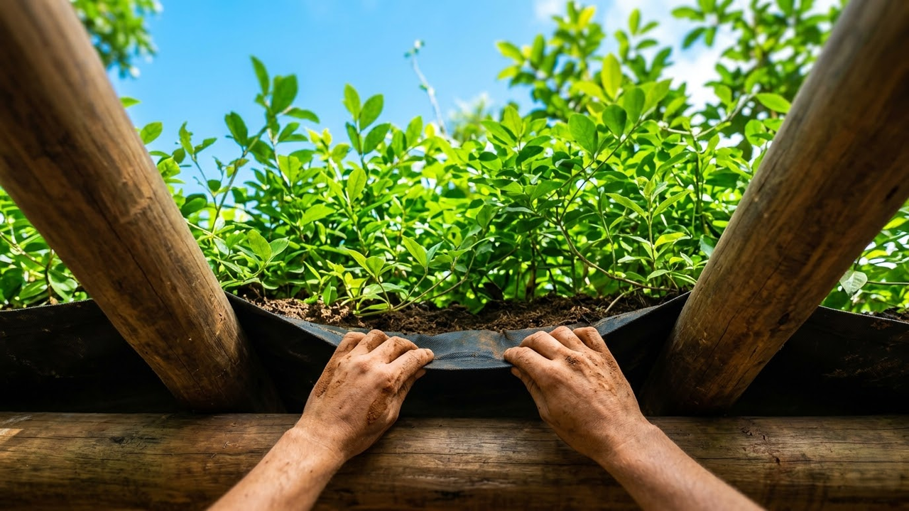Visão em primeira pessoa com as mãos sujas de terra ajustando a lona sob um vibrante telhado verde suportado por toras rústicas.
