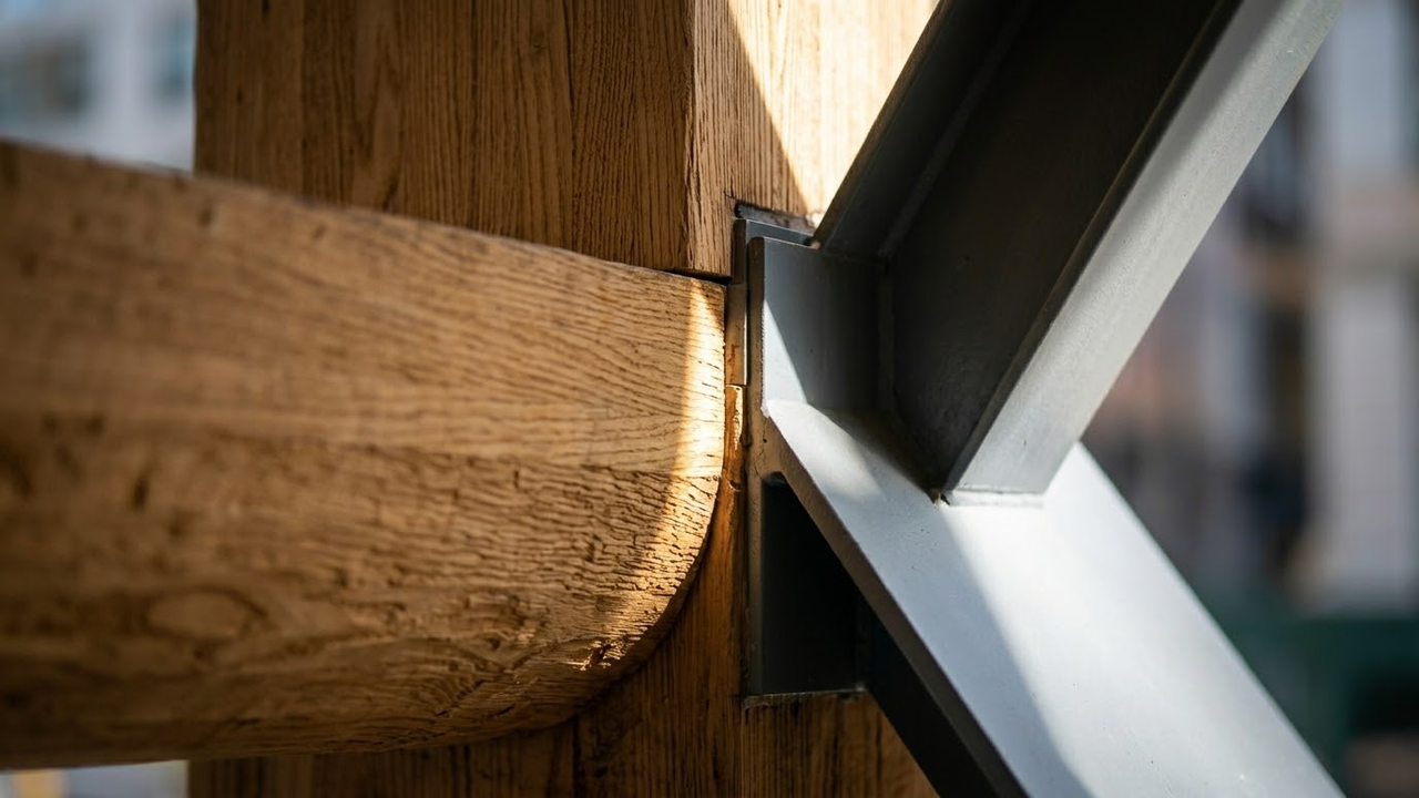 Detalhe em macro da forte e impressionante conexão estrutural entre a grossa coluna de madeira maciça e a junta de aço.