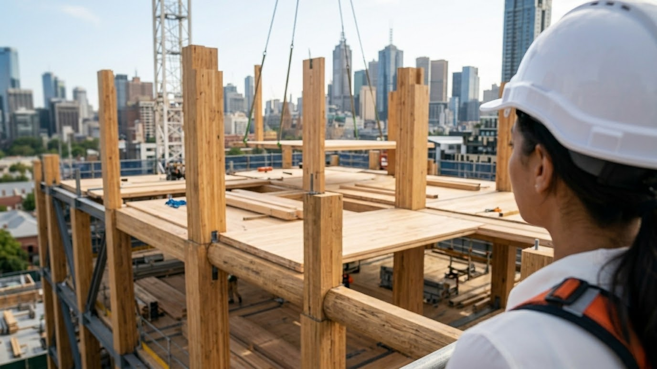 Visão por cima do ombro de um engenheiro observando a grandiosa montagem das colunas de madeira no andar da obra.