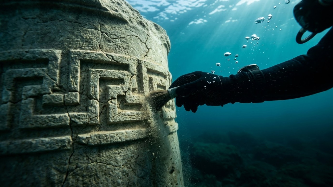 Mão de mergulhador tocando entalhes antigos em um pilar de calcário submerso.