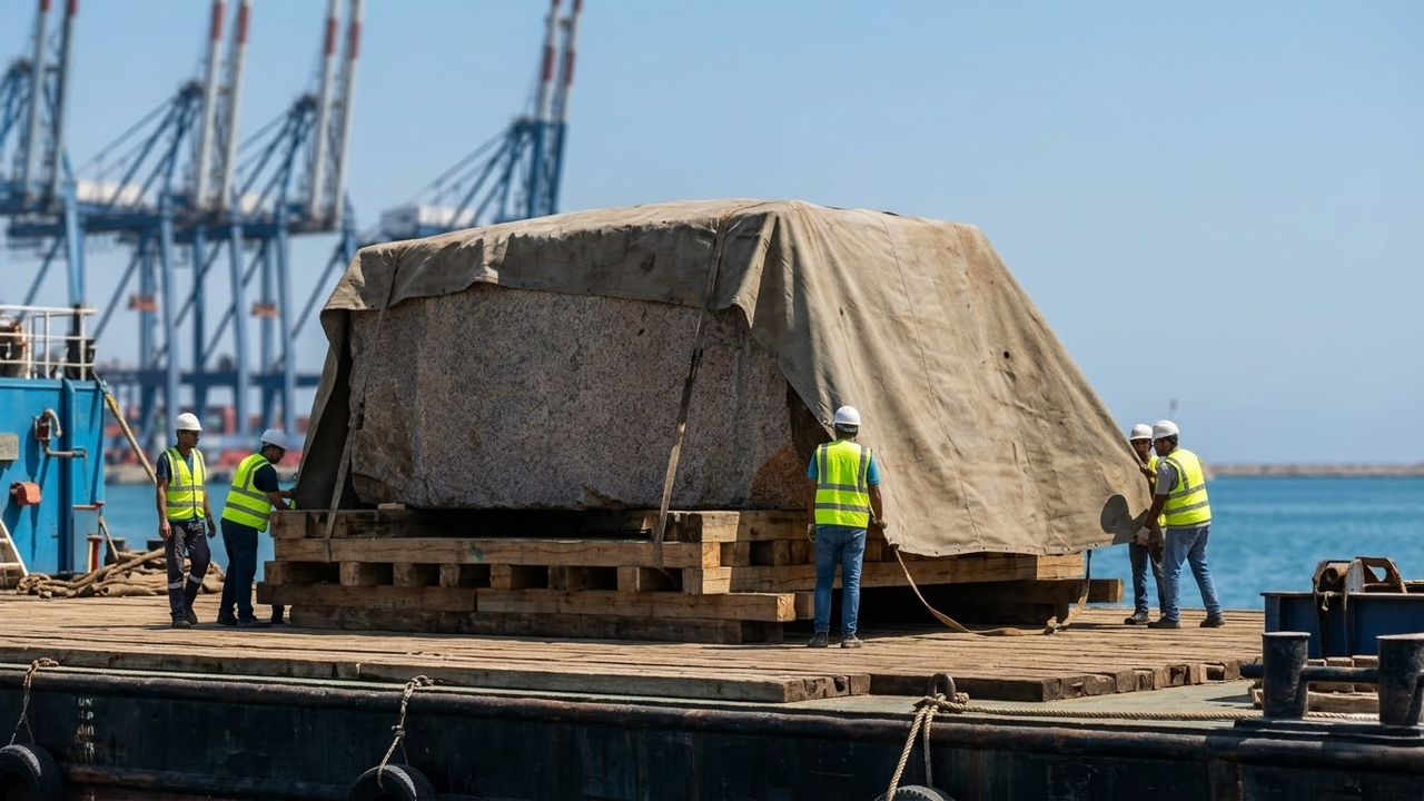 Trabalhadores cobrindo um bloco de granito com lona protetora em um porto no Egito.