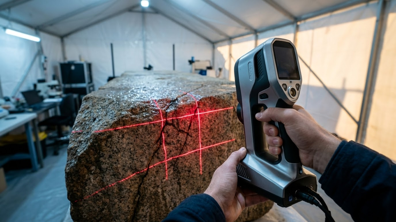 Visão em primeira pessoa operando um scanner 3D sobre uma pedra milenar molhada do farol.