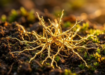 Fungo Fusarium oxysporum com crosta de ouro em detalhe macro.