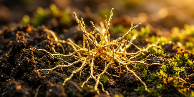 Fungo Fusarium oxysporum com crosta de ouro em detalhe macro.