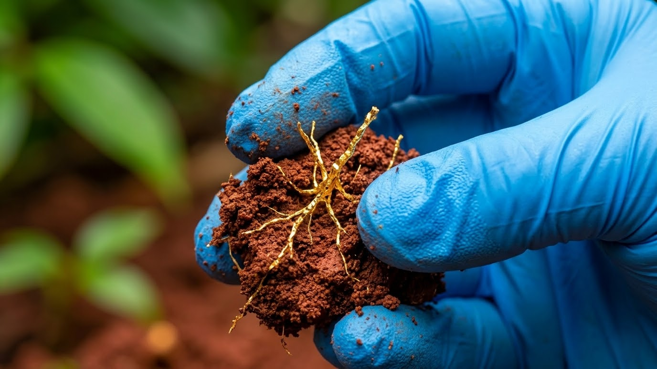 Mão de geólogo examinando solo com filamentos fúngicos dourados.
