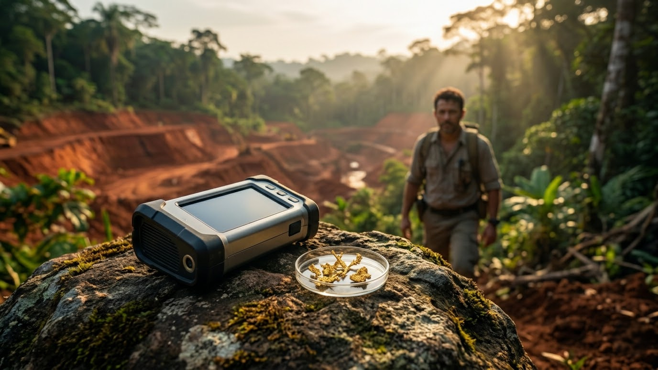 Geólogo em campo analisando solo em ambiente de mineração brasileiro.