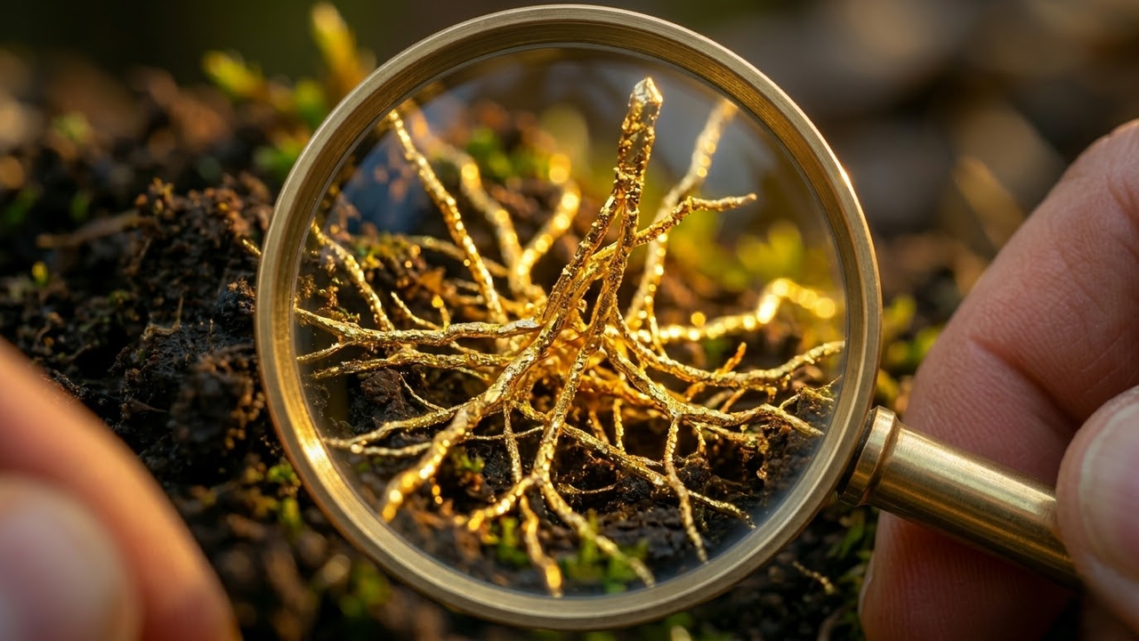 Visão em primeira pessoa de lente de aumento focando no fungo dourado.