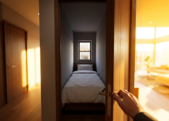 Visão subjetiva de um quarto minúsculo focado apenas no sono.