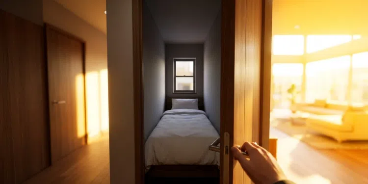 Visão subjetiva de um quarto minúsculo focado apenas no sono.