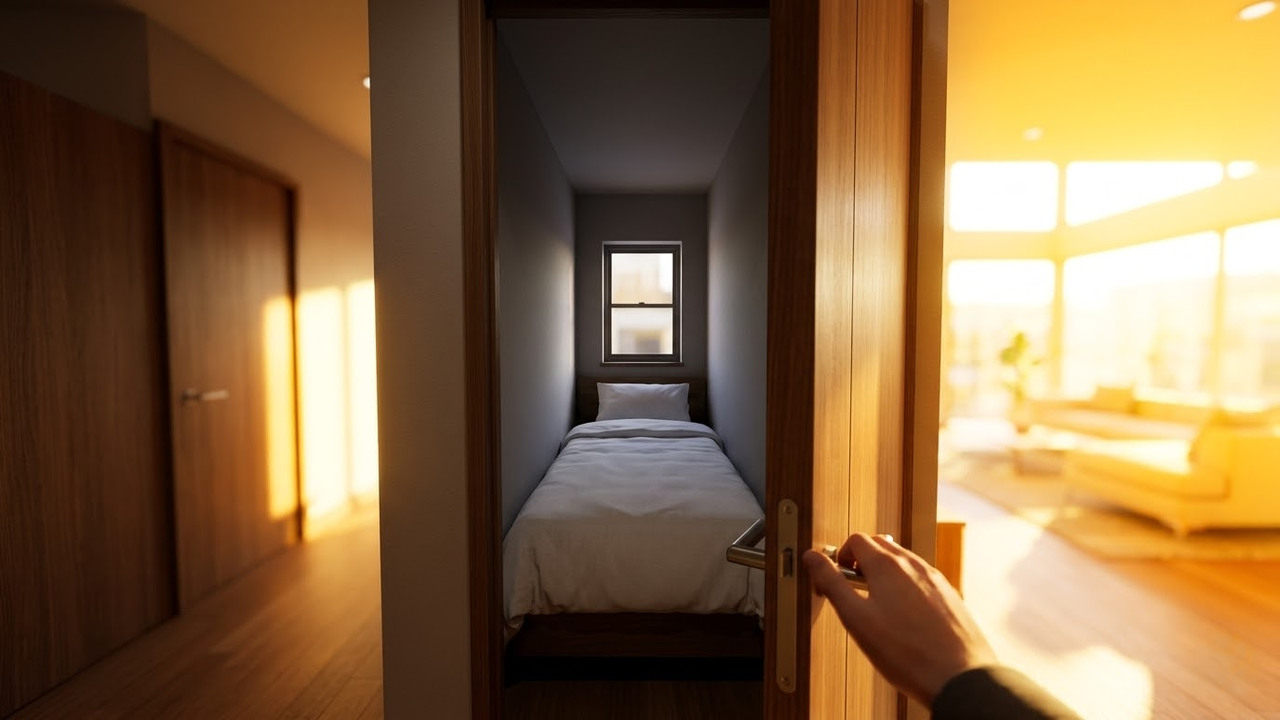 Visão subjetiva de um quarto minúsculo focado apenas no sono.