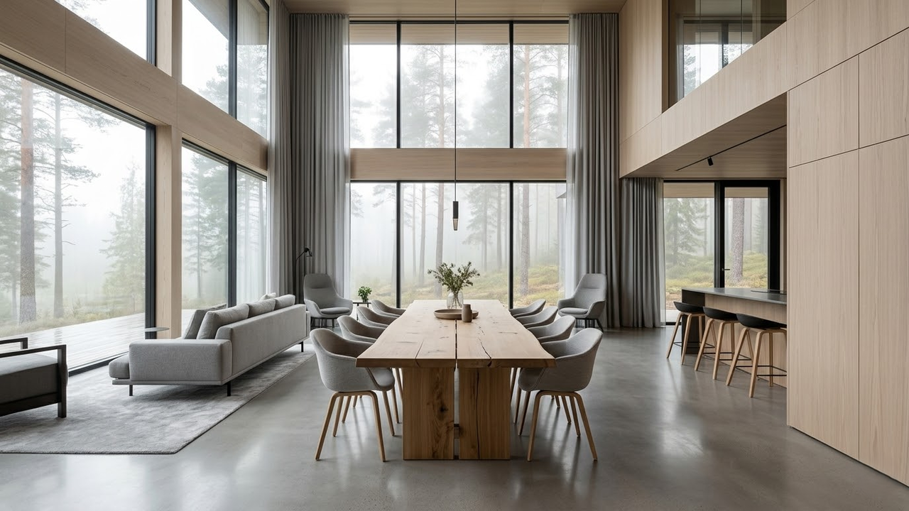 Sala gigantesca integrada com vista para floresta finlandesa.