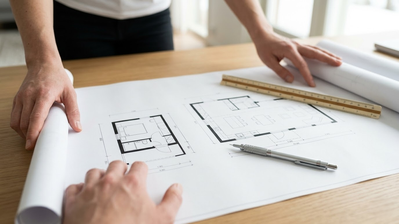 Mãos analisando planta de casa com foco no tamanho dos quartos.