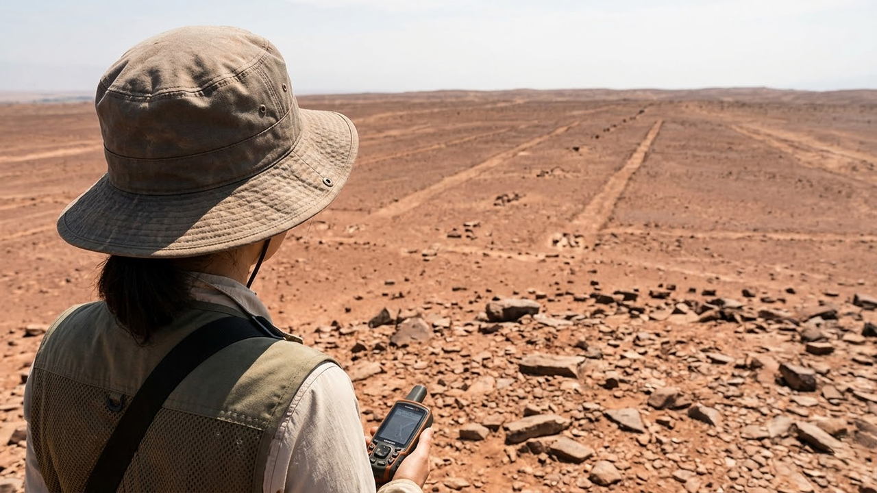 Arqueóloga observa as novas linhas trapezoidais no planalto de Nazca.
