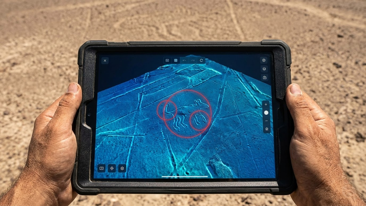 Visão subjetiva de tablet com IA identificando figuras no solo.