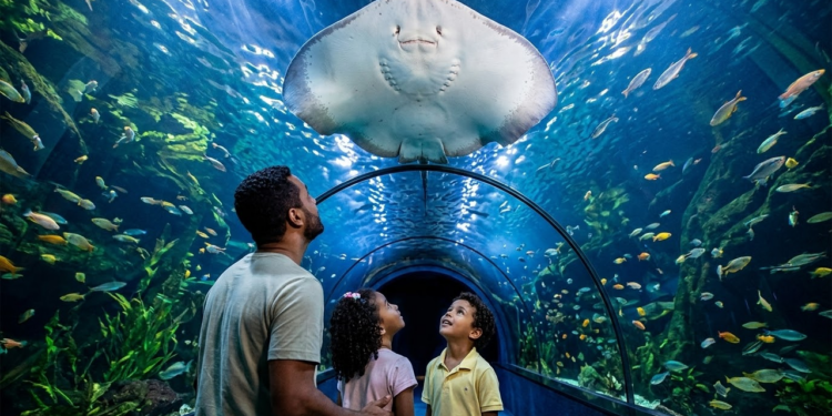 Família observa arraia gigante no túnel subaquático do aquário.