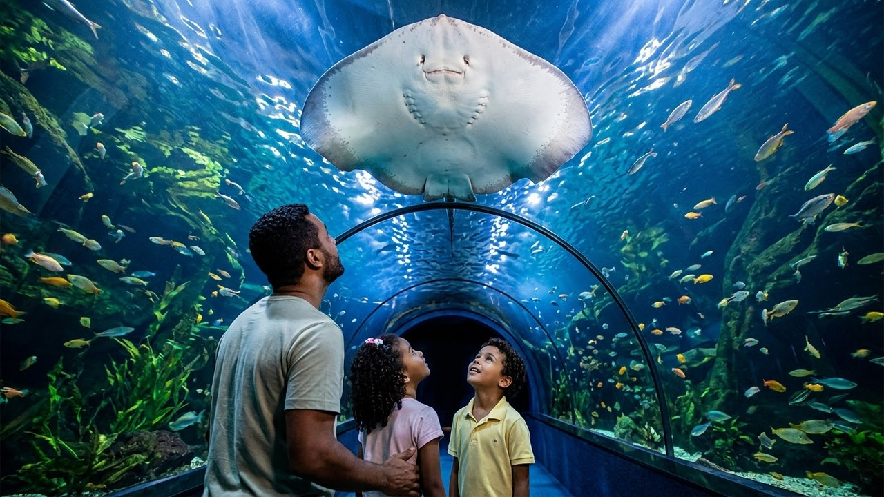 Família observa arraia gigante no túnel subaquático do aquário.