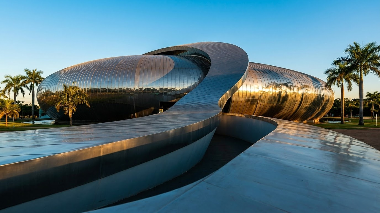 Fachada futurista do Bioparque Pantanal sob a luz do pôr do sol.