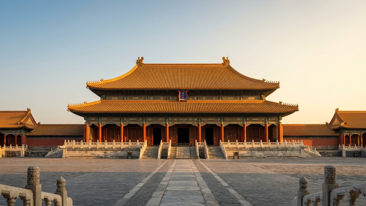 Vista monumental da Cidade Proibida sob a luz dourada do pôr do sol