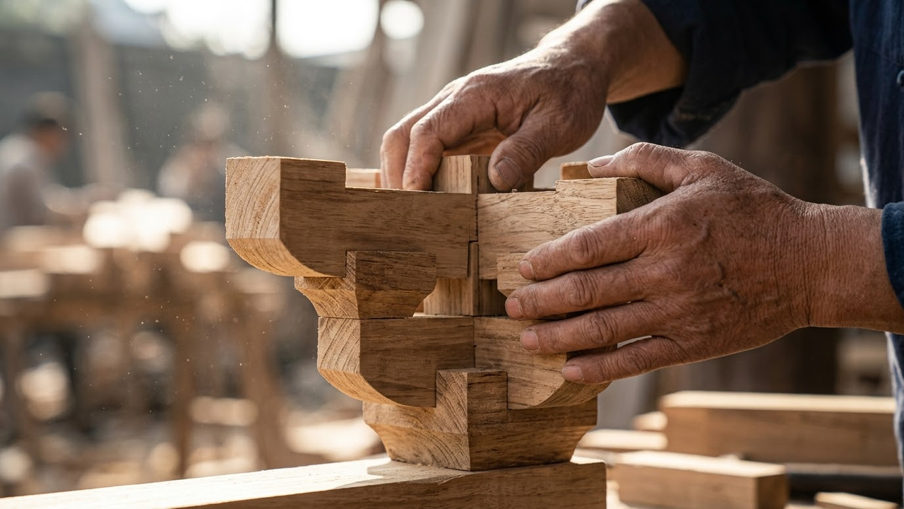 Mãos de artesão encaixando vigas de madeira sem o uso de pregos.