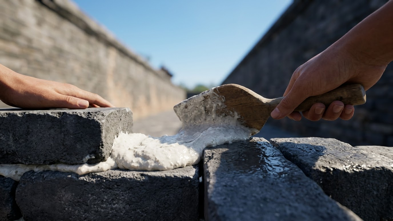 Visão subjetiva aplicando argamassa orgânica de arroz em tijolos da muralha.