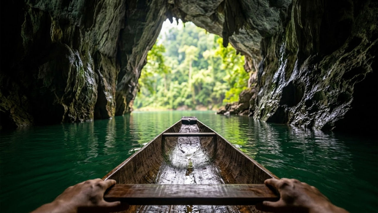 Visão subjetiva navegando de barco por dentro de uma gruta milenar.