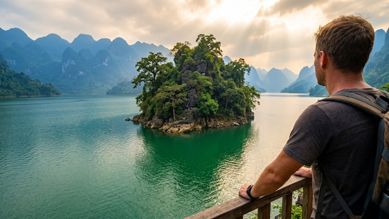 Viajante observa a Ilha da Viúva em meio ao vasto lago verde.