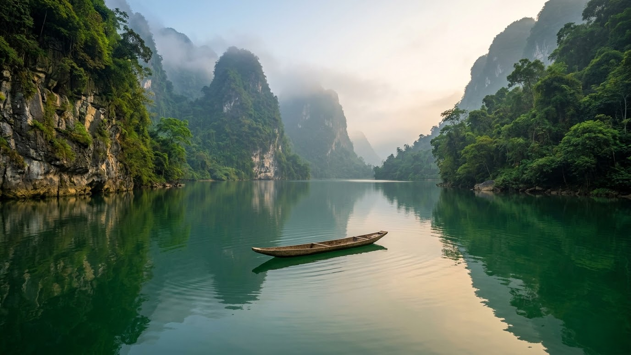 Canoa tradicional navegando no Lago Ba Bể entre montanhas de calcário.