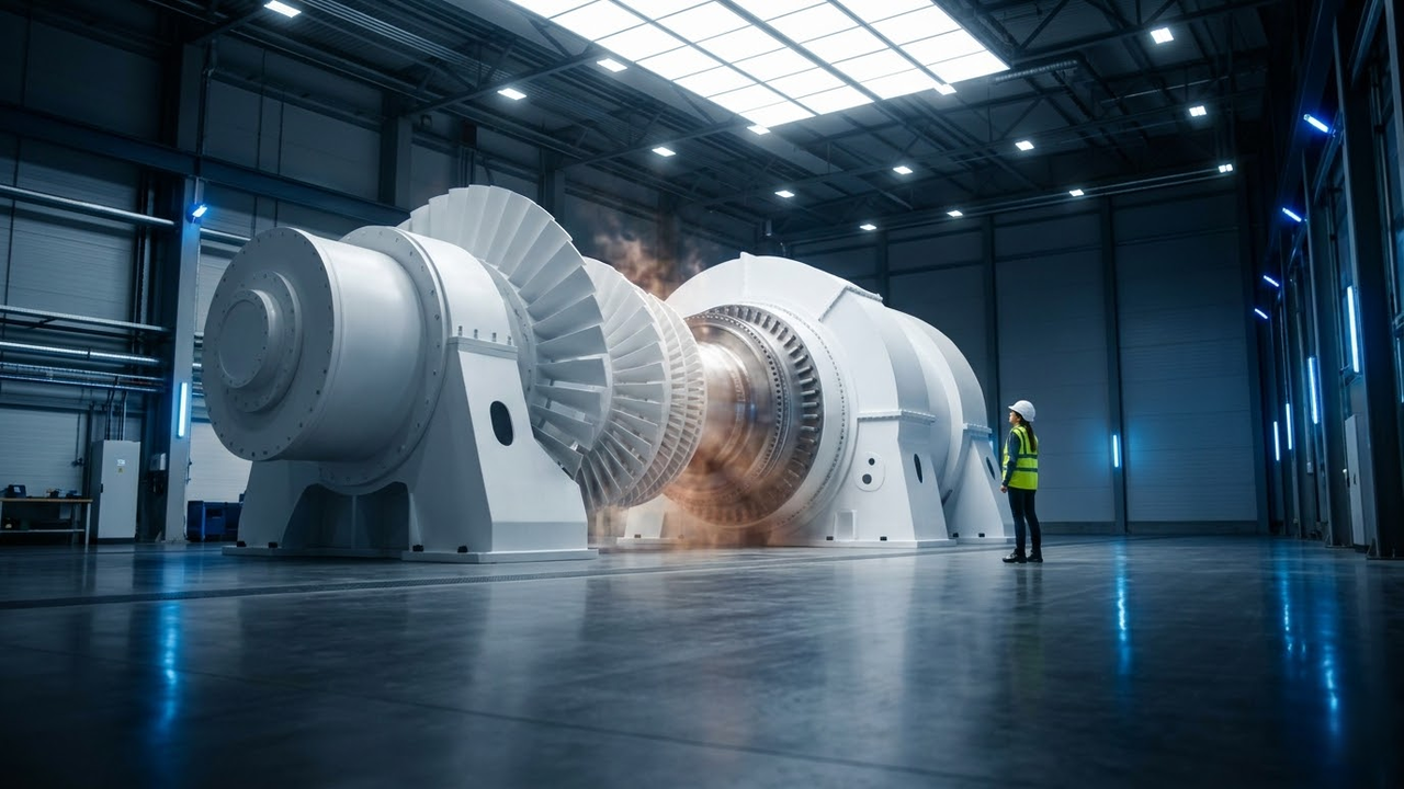 Turbina industrial gigante operando em uma fábrica sustentável de alta tecnologia.