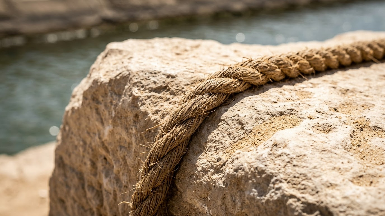Close detalhado de cordas de papiro tensionadas em um bloco de calcário.