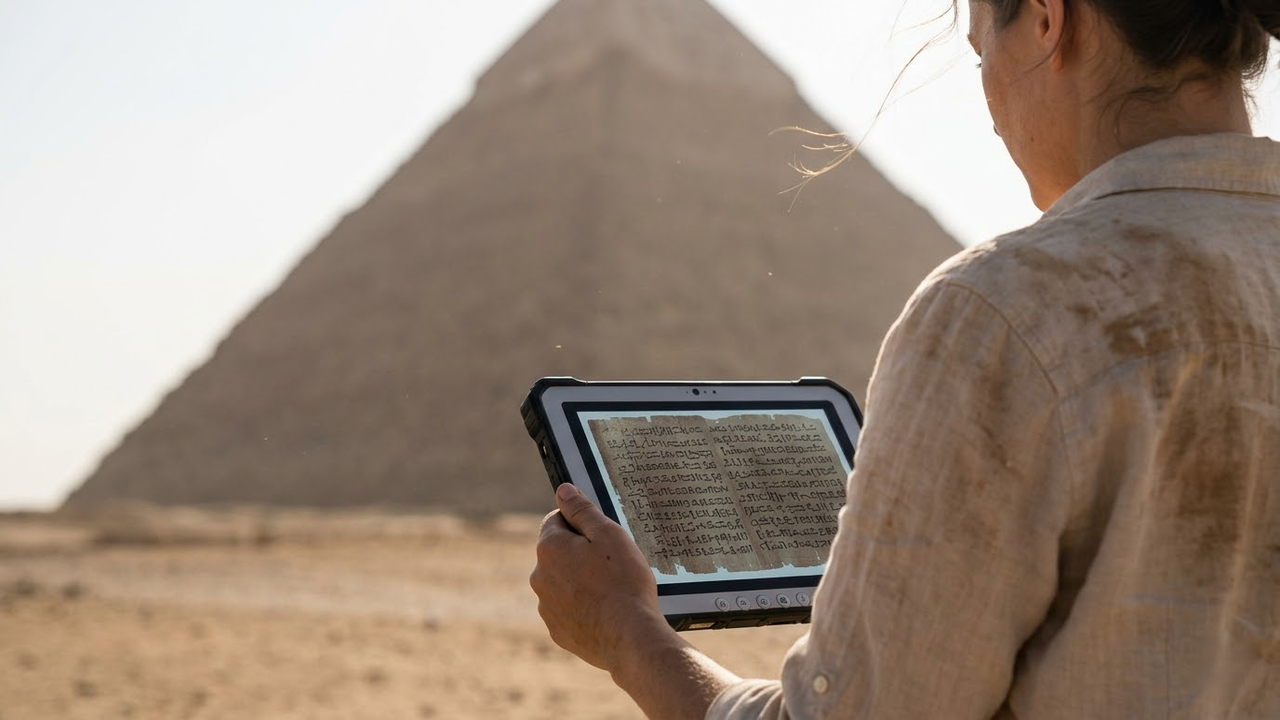 Arqueólogo analisando o Papiro de Merer em um tablet diante da pirâmide.