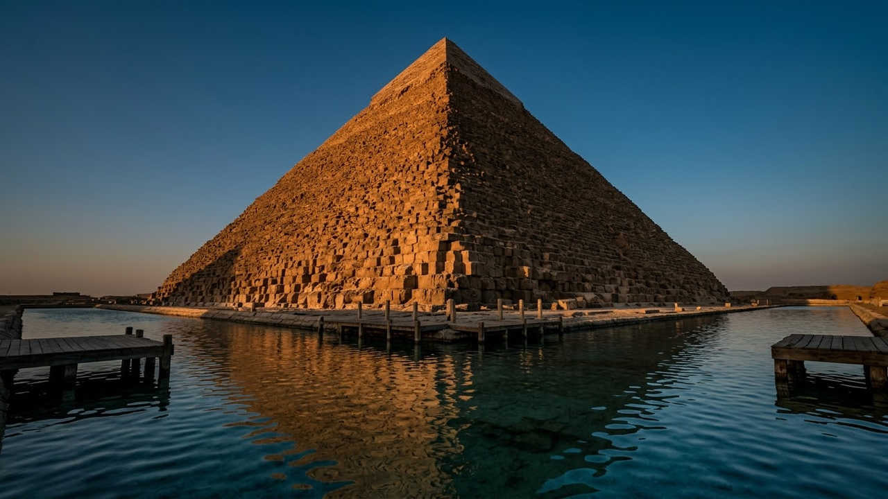 A Grande Pirâmide refletida em um canal fluvial ao pôr do sol.