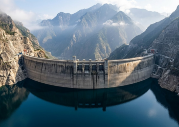 Gigantesca parede da barragem Jinping-I entre montanhas chinesas sob a luz da manhã.