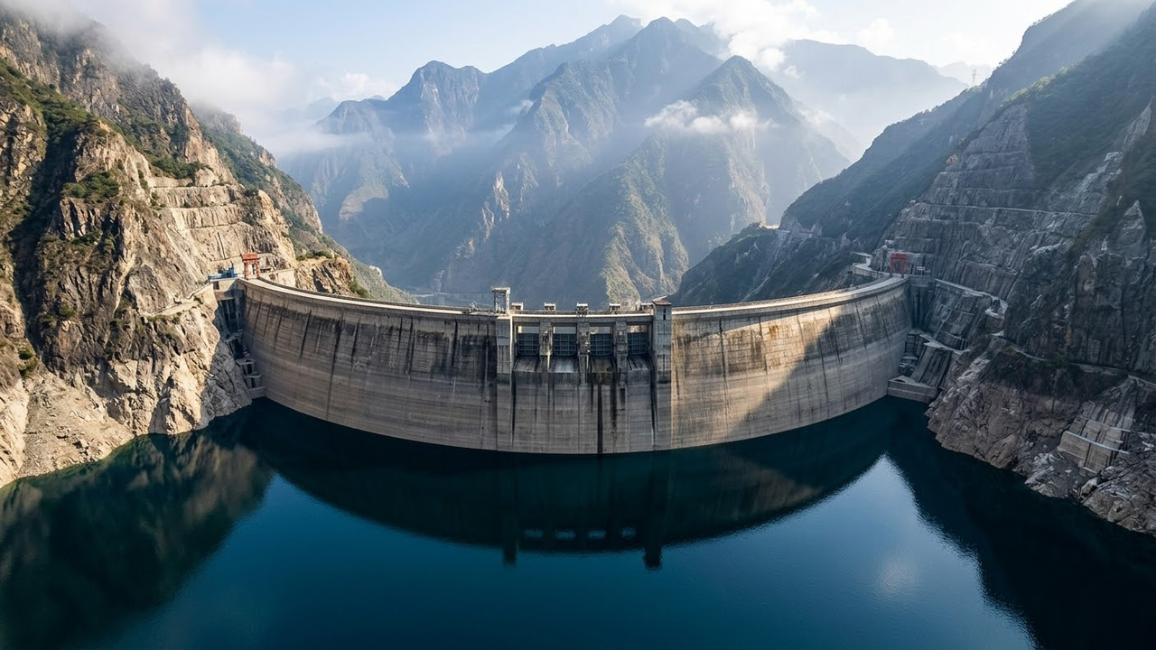 Gigantesca parede da barragem Jinping-I entre montanhas chinesas sob a luz da manhã.
