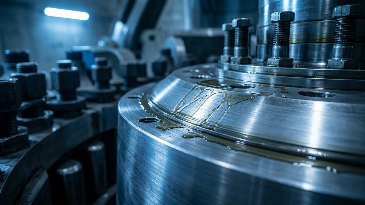 Close detalhado em componentes de metal de uma turbina hidrelétrica industrial.