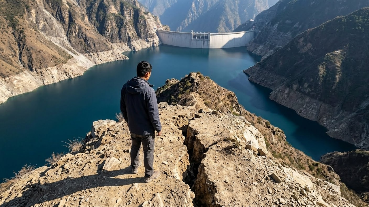 Geólogo observa rachadura no solo montanhoso com o reservatório ao fundo.