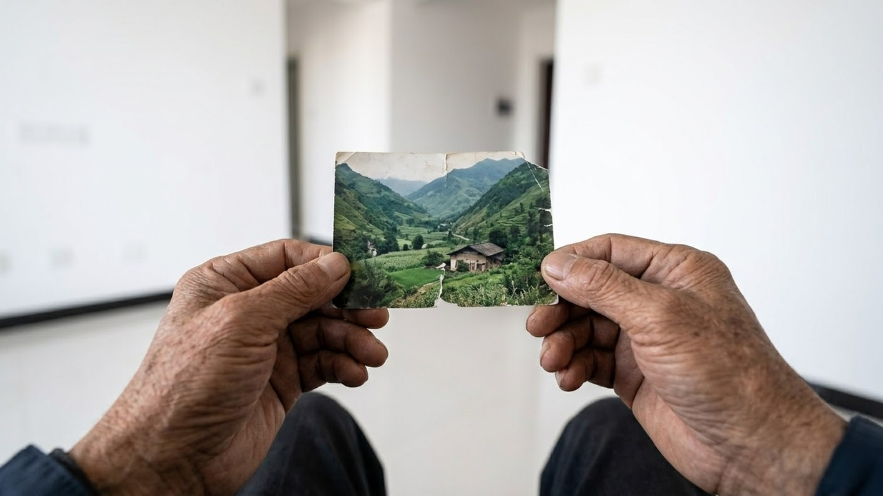 Visão em primeira pessoa de mãos maduras segurando foto de antiga vila submersa.