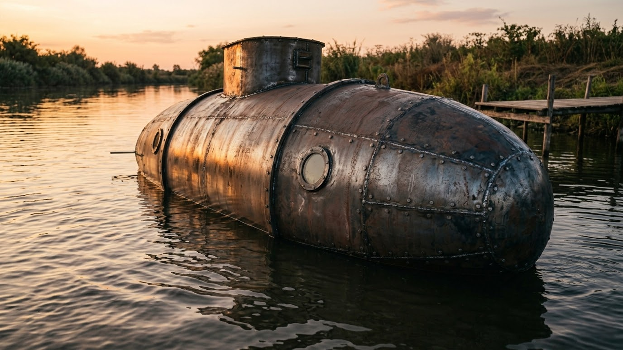 Submarino artesanal flutuando em um rio calmo durante o pôr do sol.