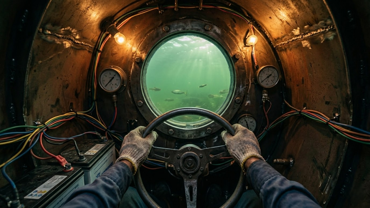 Visão em primeira pessoa de dentro da cabine do submarino sob a água.