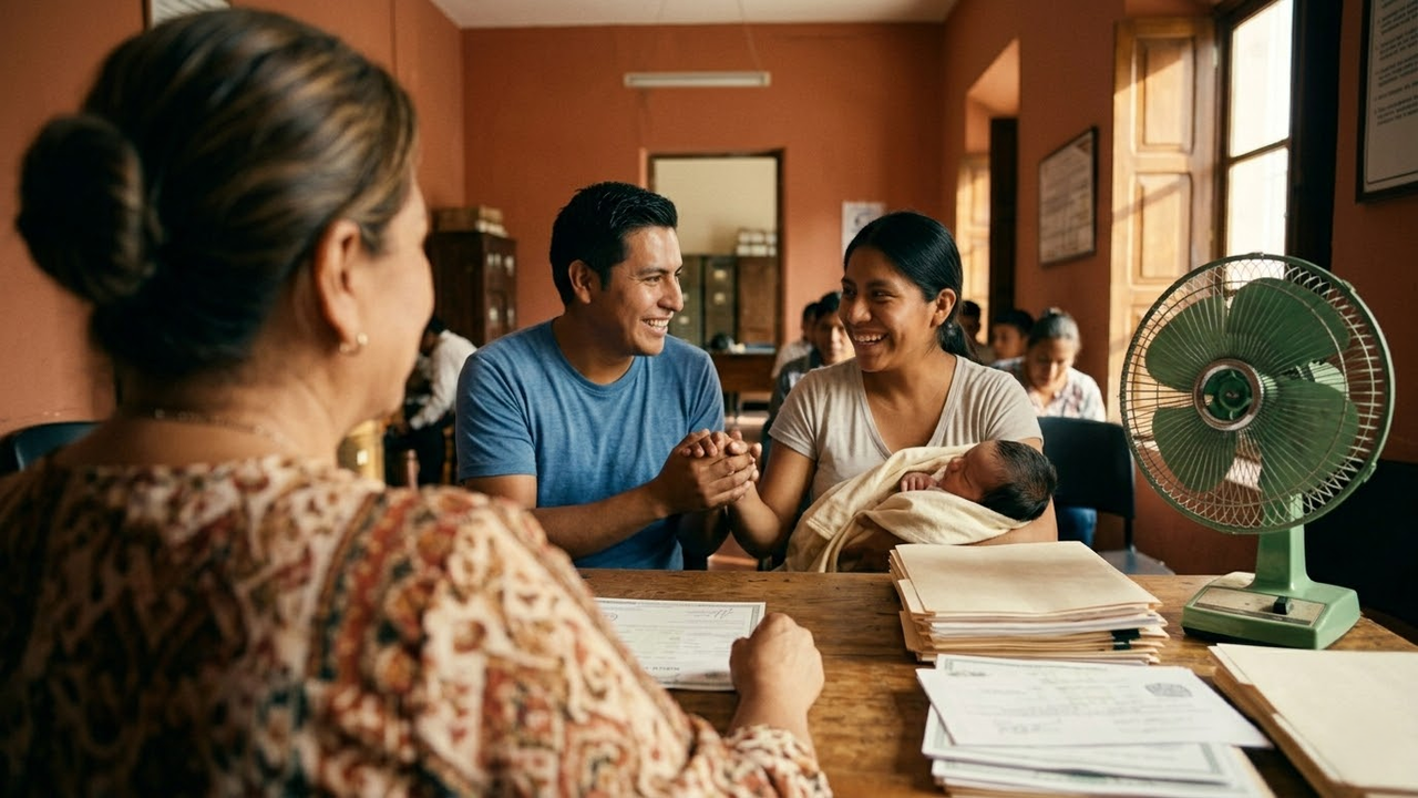 Casal conversa alegremente com oficial de cartório sobre o registro do filho.