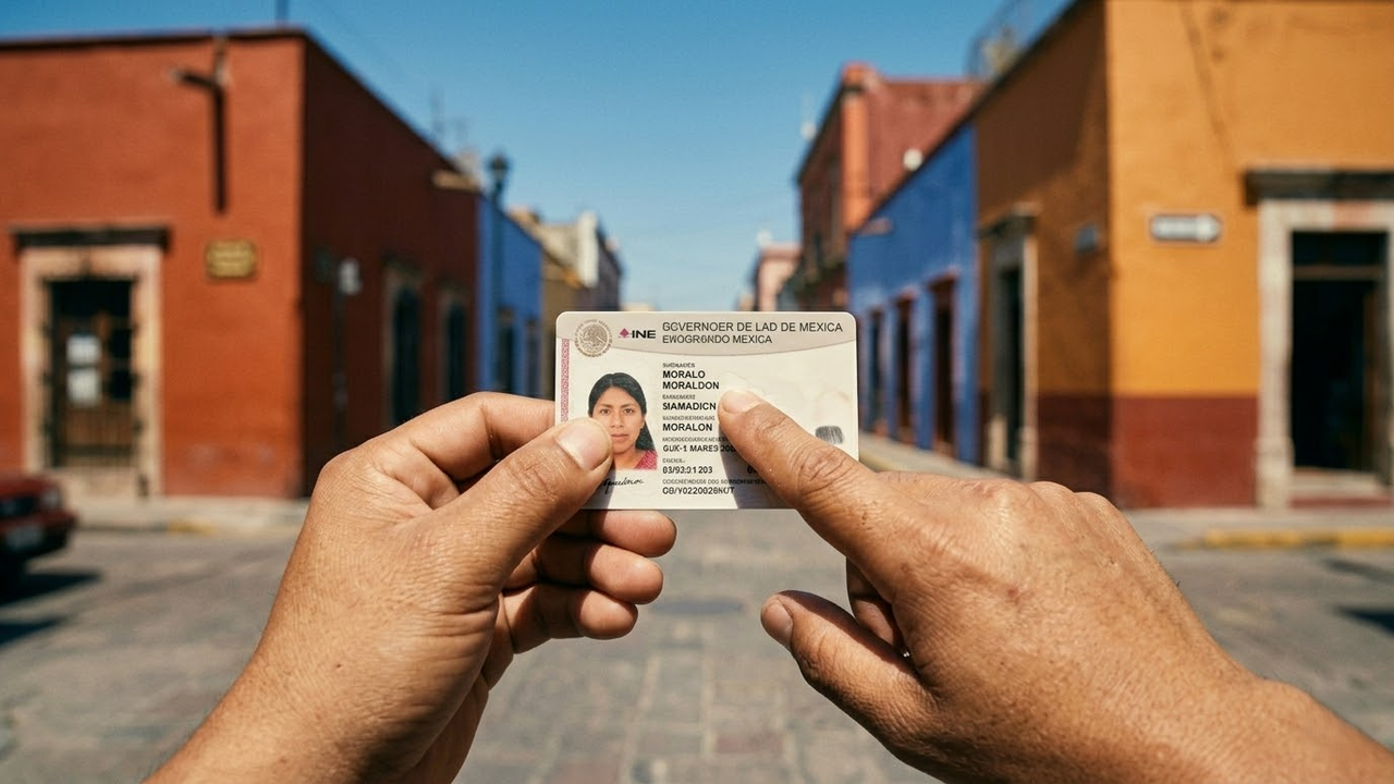 Visão em primeira pessoa segurando um documento de identidade em rua ensolarada.