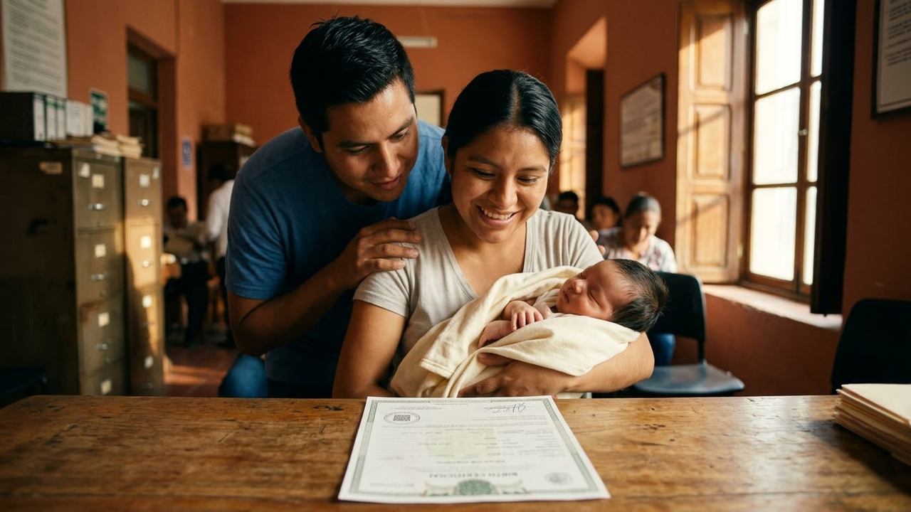 Casal jovem observa certidão de nascimento sob luz solar quente em cartório.