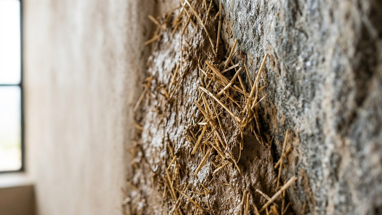 Close detalhado do reboco orgânico de barro e palha sobre a rocha.