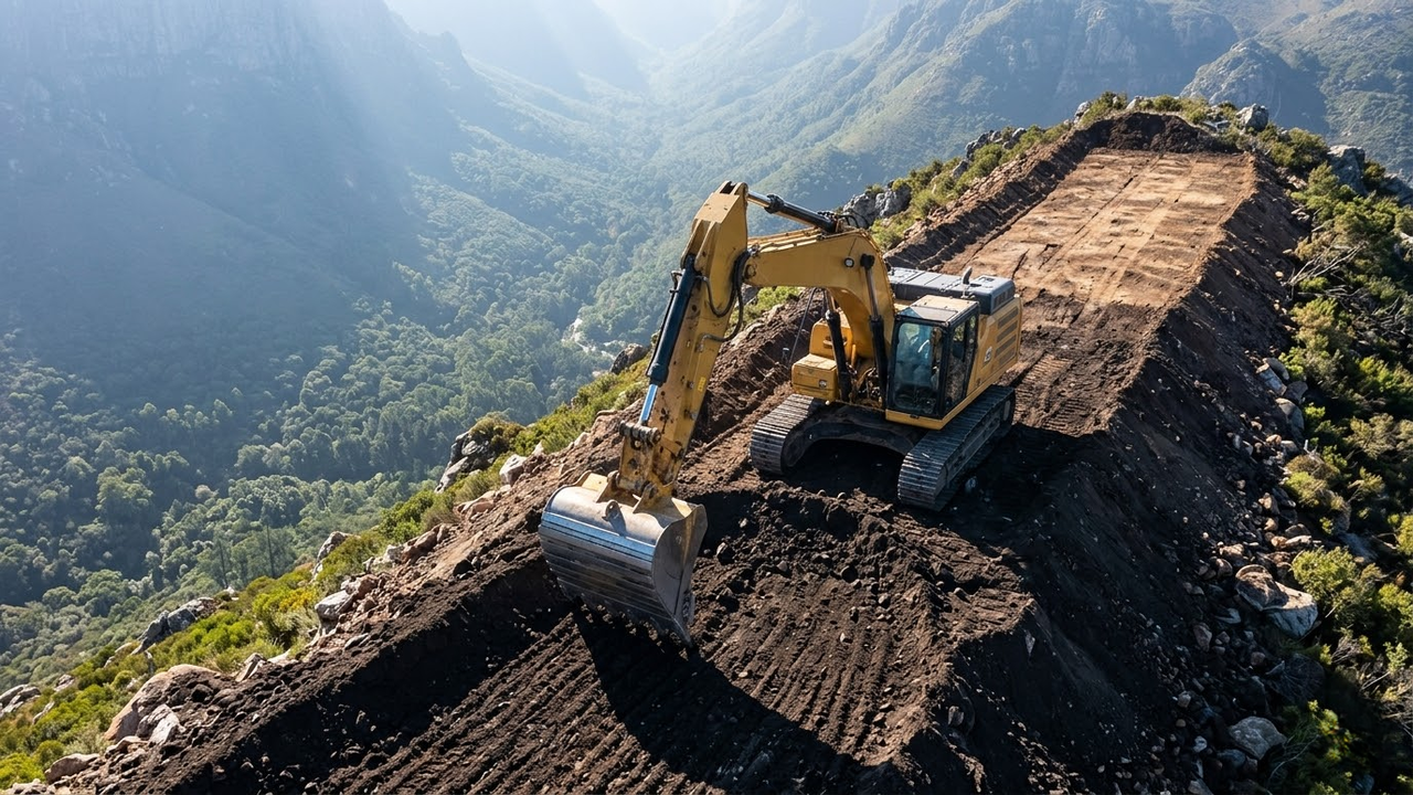 Escavadeira pesada moldando os terraços agrícolas na encosta da montanha.