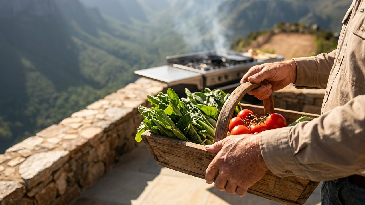Visão em primeira pessoa colhendo hortaliças frescas no terraço da montanha.