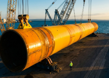 Estaca monopilha gigante em porto industrial sob a luz do pôr do sol.