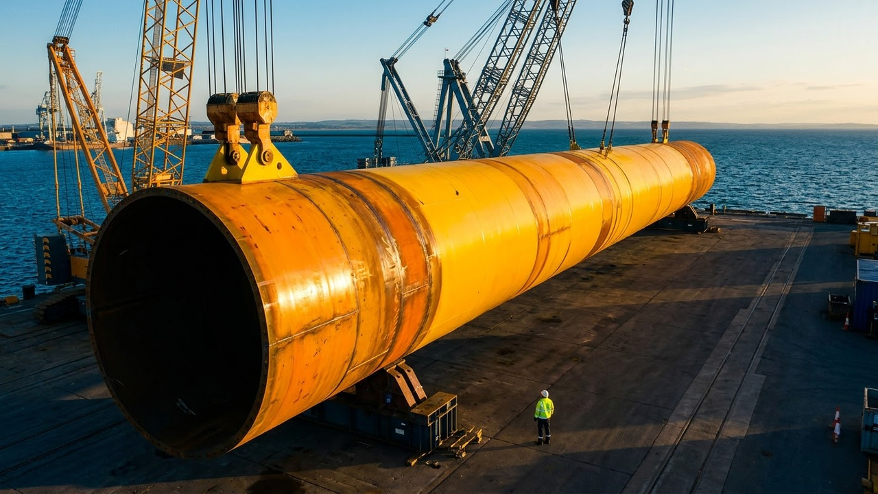 Estaca monopilha gigante em porto industrial sob a luz do pôr do sol.